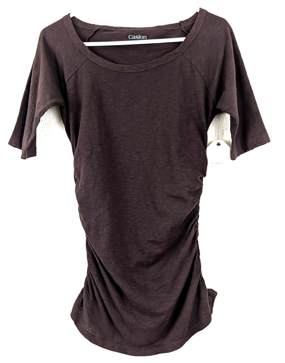 New Caslon sz M Burnout Shirred sides knit Tunic T-shirt brown stretchy top 1615
